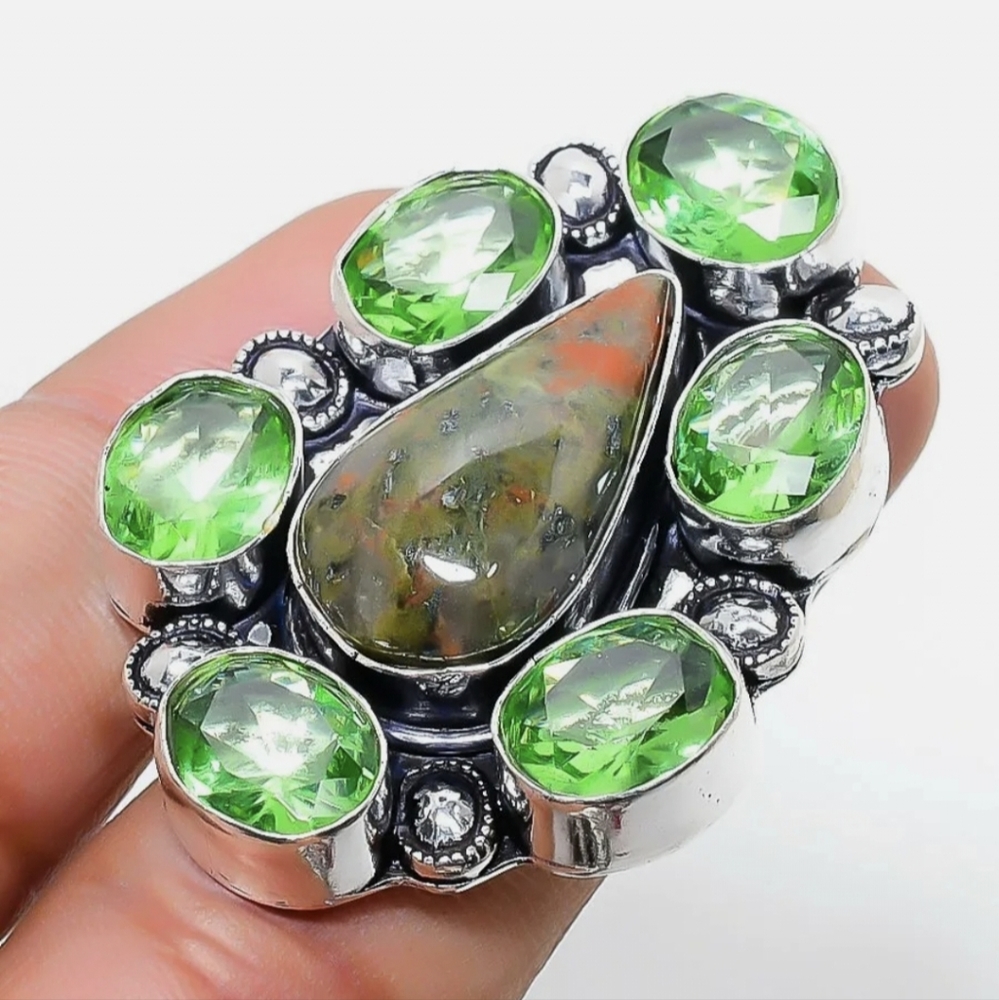 New Unakite & Tsavorite 925 Silver Statement Ring.